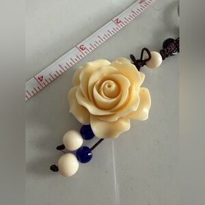 Cream Rose Key Holder with Blue white beaded Accents
